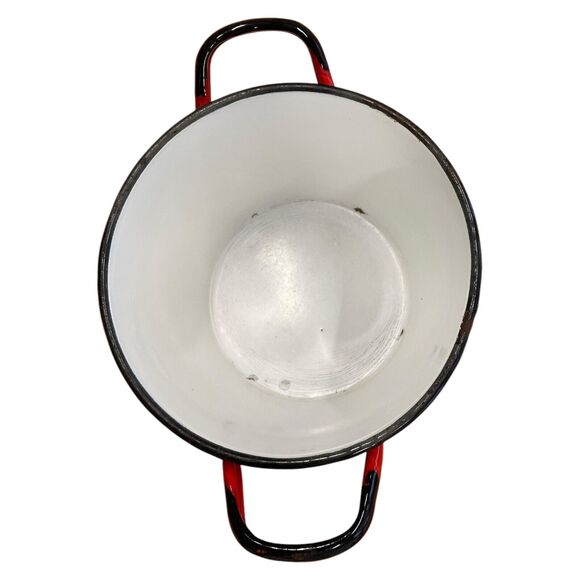 Vintage Huta Silesia Red Enameled Stockpot Black Rimmed Double Handled Cook Pot - Picture 6 of 8